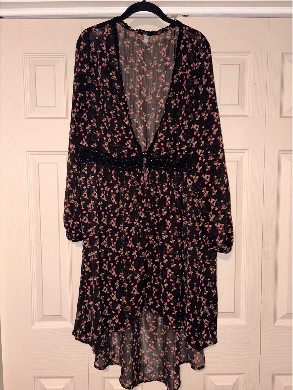 Xhilaration Floral Kimono Duster Womens XXL Black Sheer Crochet High Low Boho